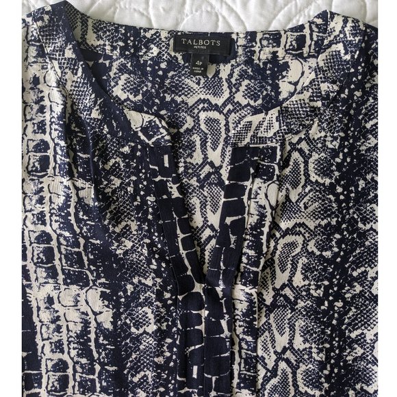 Talbots Silk Blouse w Pleat Details Dark Blue Snake Print Petite 4 - Picture 2 of 7